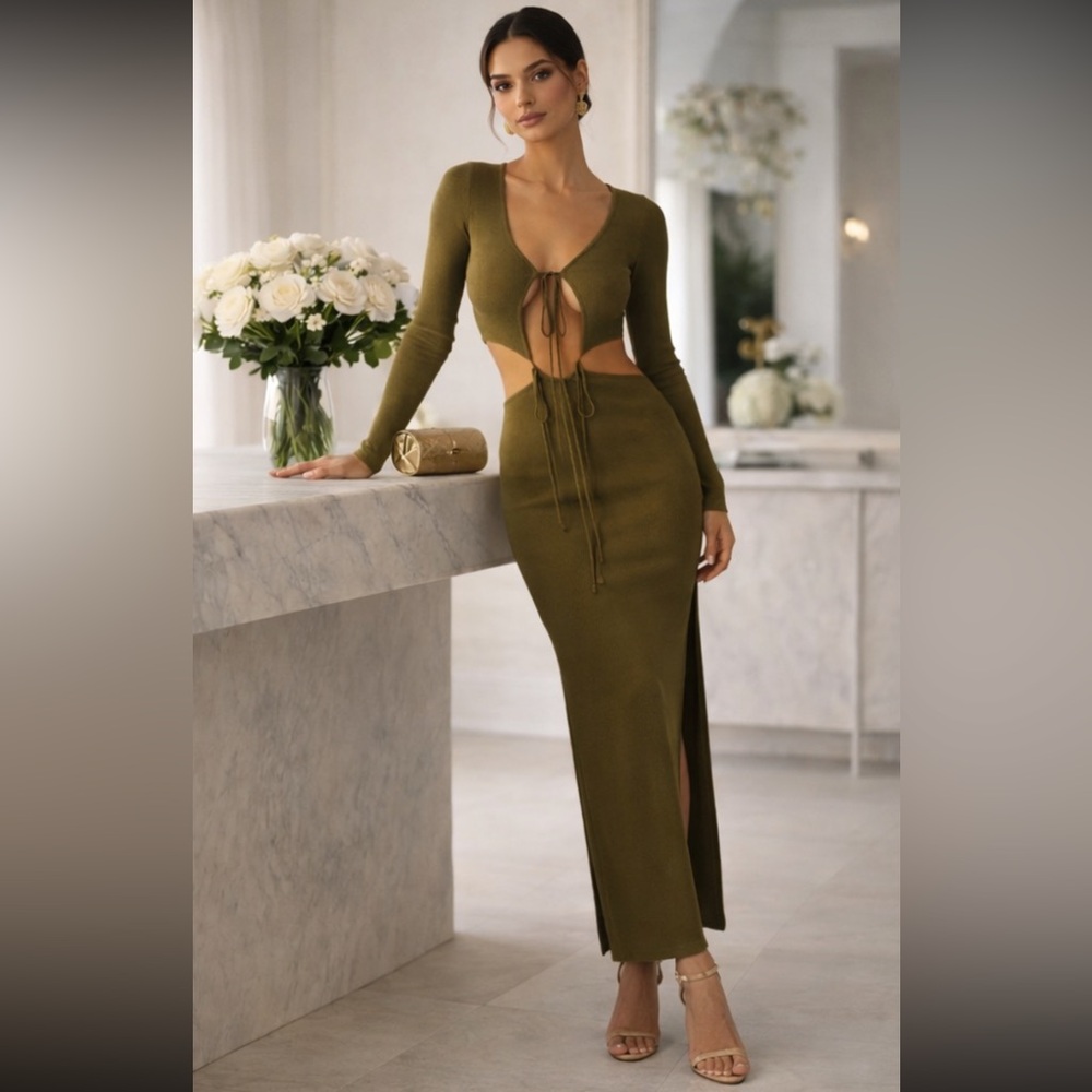 NWT AYA MUSE Lapponi Ribbed Knit Cutout Maxi Dress in Moss Green Sz S